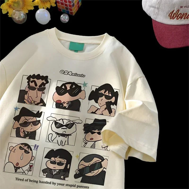 2025 Summer Women's Clothes Streetwear Crayon Shin Chan  Print Cartoon T Shirt Tops Men's Women's Clothes 100%Cotton T Shirts