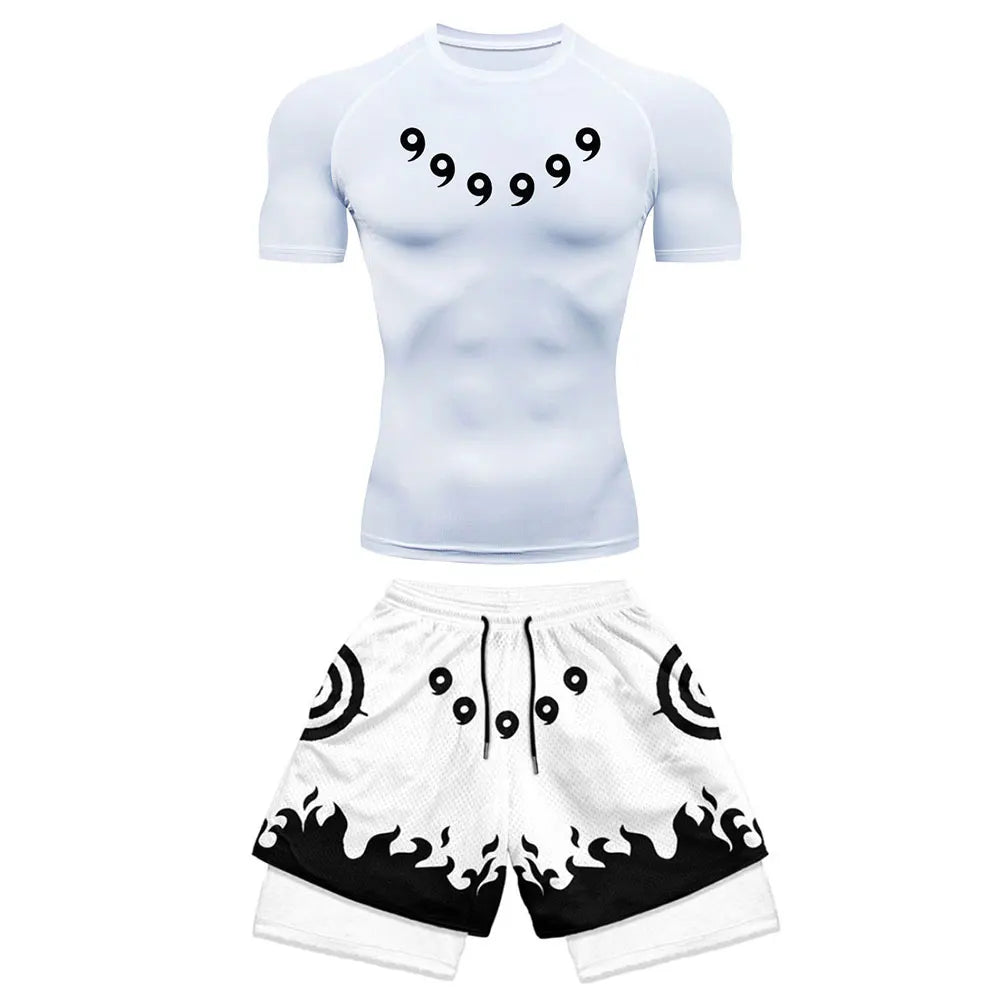 Anime Compression Set Running Sport Fitness Suit for Men Quick Dry Compression Shirt+Gym Shorts 2PCS Workout Summer Sportwear