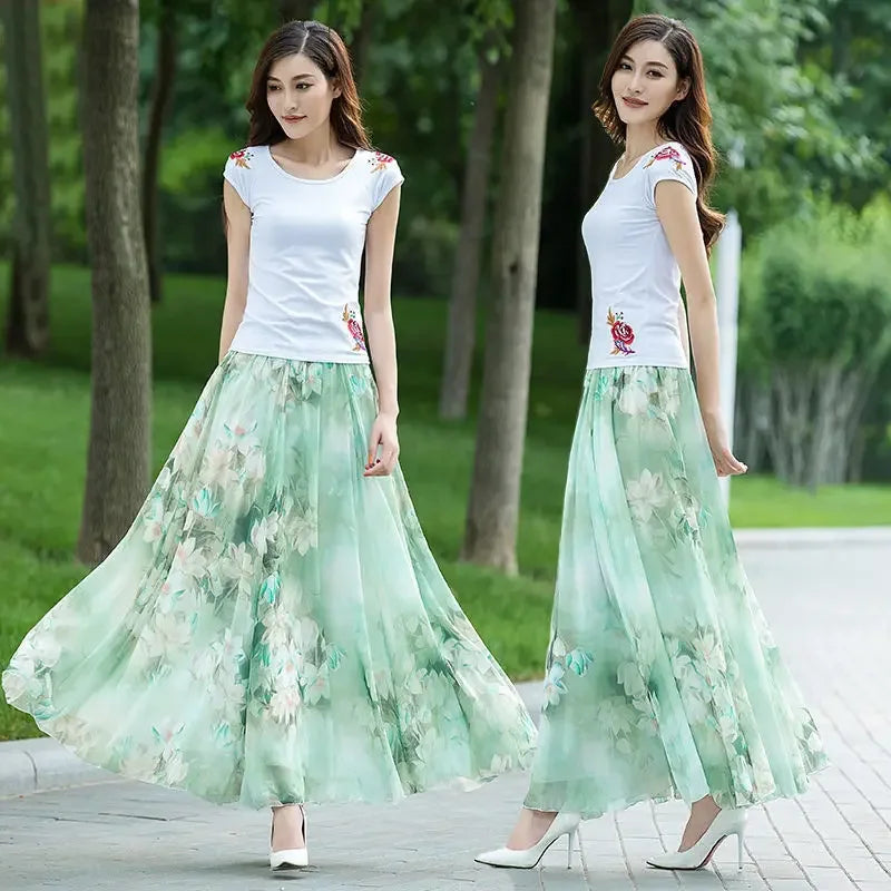 Womens Summer Autumn High Waist Skirts Elastic Waist Midi Full Long Skirt Print A-Line Mother Dance Swing Chiffon Skirt DURIKIES