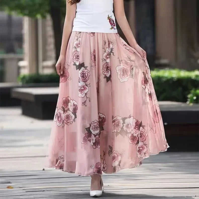 Chiffon Skirts Ink Painting Print Spring Summer Floral Long Skirt Elegant Chic A-Line Full Length Skirt Ankle Beach Skirts Zmzb