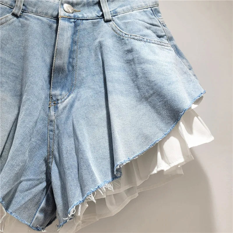 Fashion 2025 Summer New Collection Multi Layer Ruffles Patchwork Light Blue Wide Leg Denim Shorts Women High-waist Short Jeans