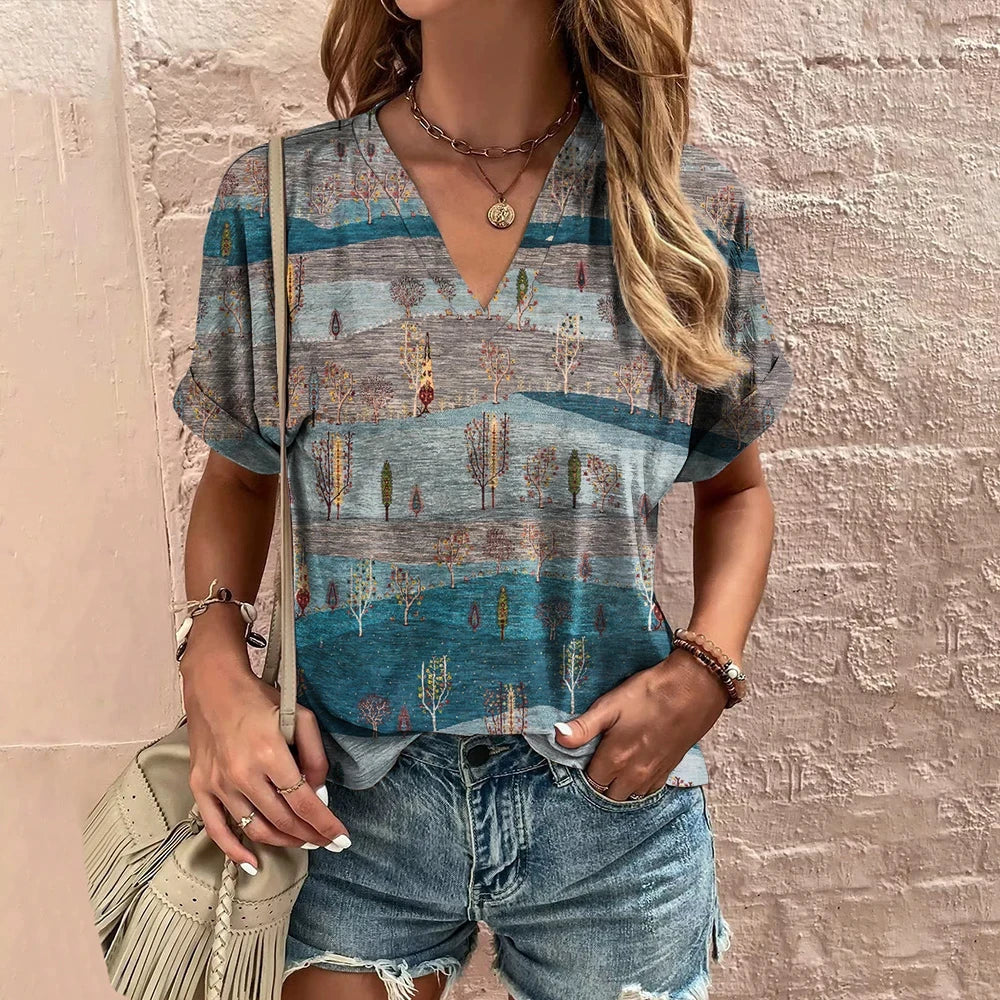 3D Vintage Graphic Women's V-Neck T-Shirt Summer Outdoor Street Daily Harajuku Style Y2K Short Sleeve Tees Fashion Loose Clothes