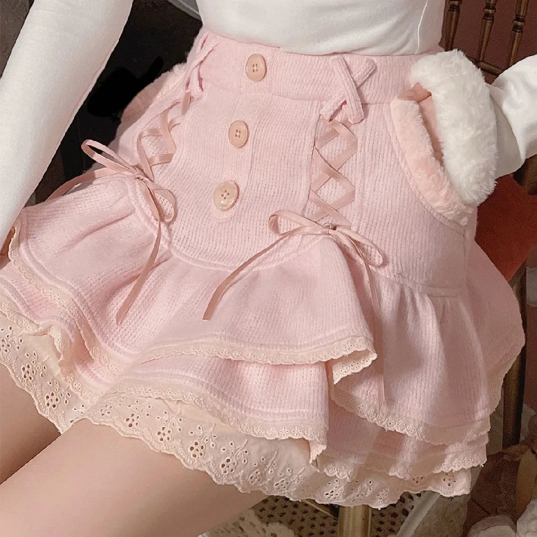 Japanese lolita kawaii clothes pink mini skirt with shorts Lace High Waist korean style women 2026 new fall White skirt fluffy