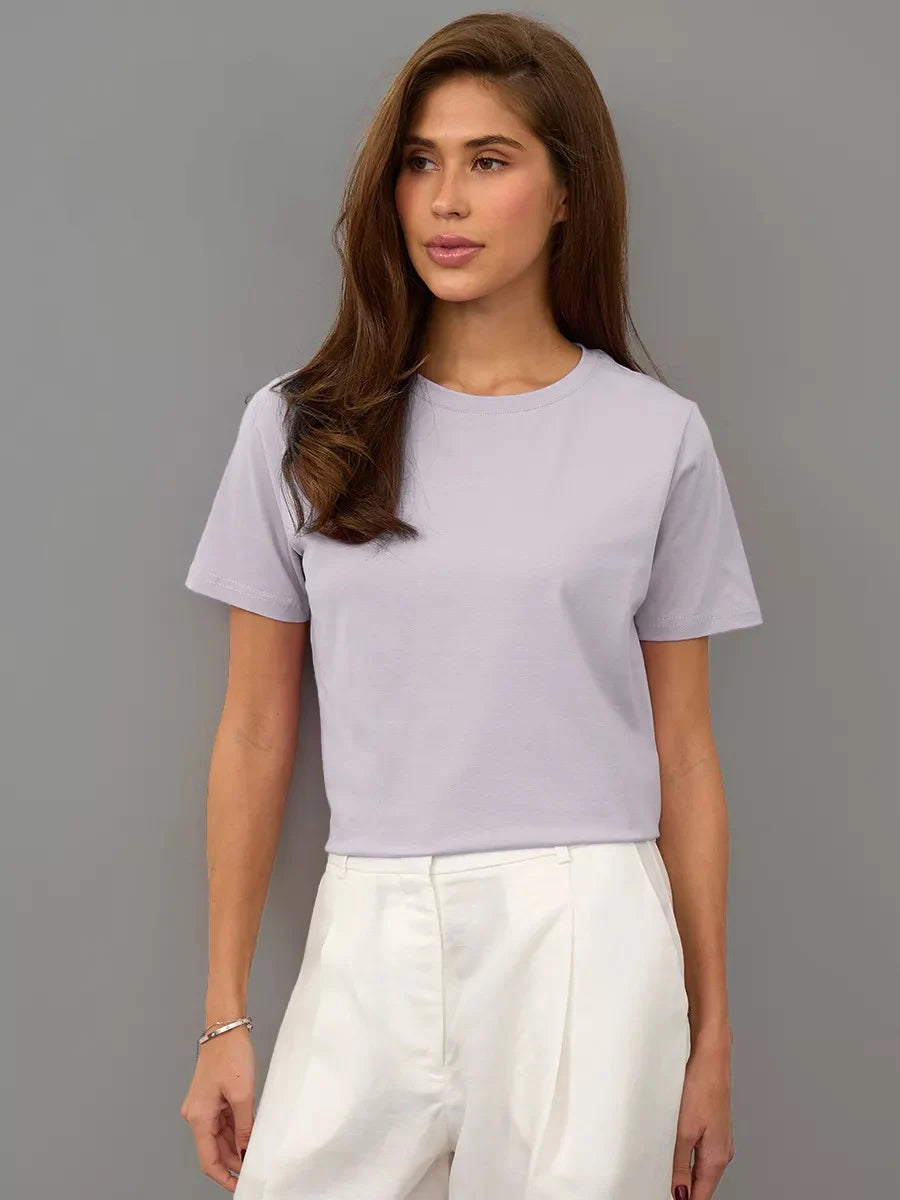 Bornladies Summer 100% Cotton Women's T-shirt Bottoming Basic Fashionable Lady Short Sleeve Loose Tops Shirts Solid 230g/㎡ Tops