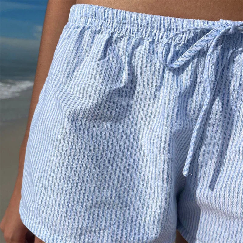 Casual Striped Shorts Women y2k Clothing Drawstring Elastic Waist Loose Fit Wide Leg Bottoms 2000s Aesthetic Streetwear