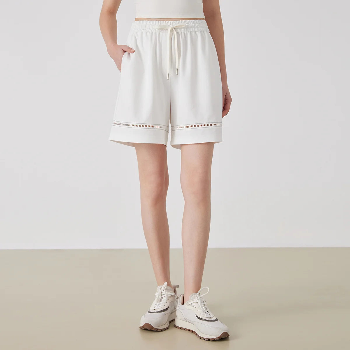 KW9513247 Women's Comfortable Elastic Waist Strap Solid Color Mixed Cotton Shorts