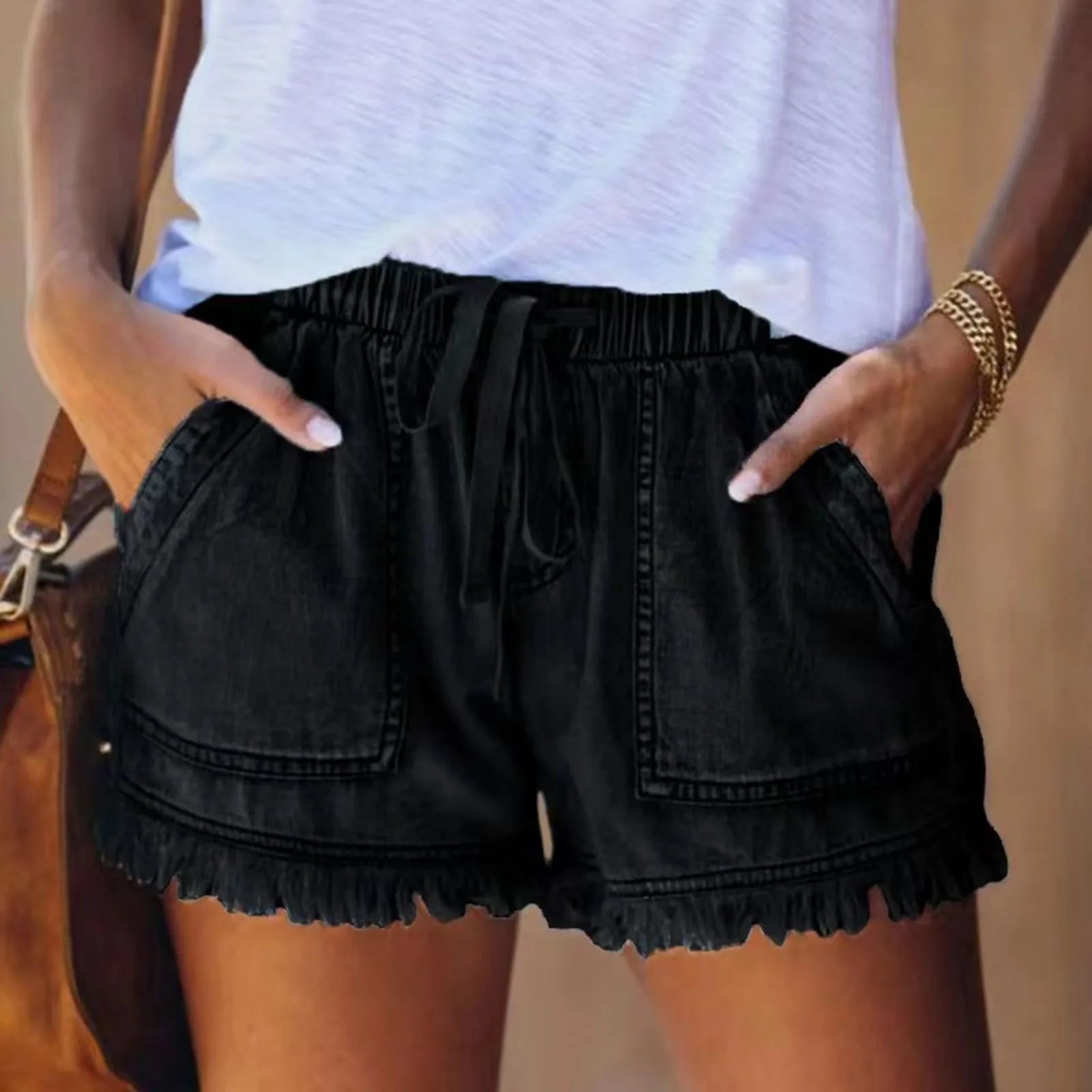 Ladies' Washed Solid Color Slimming Tassel Edge Denim Shorts Fashion Sexy Elastic Waist Leisure Pockets Summer Short Trousers