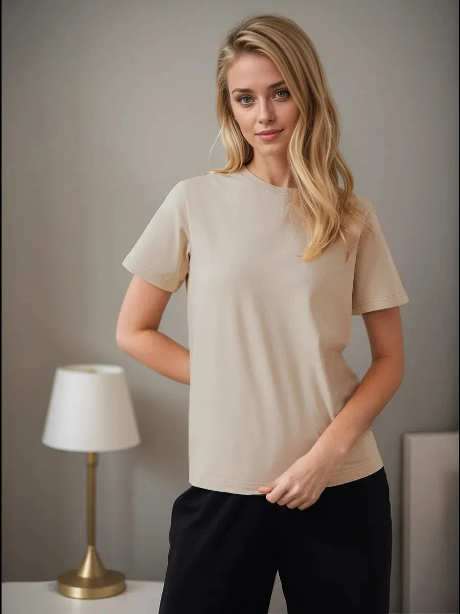 Bornladies Summer 100% Cotton Women's T-shirt Bottoming Basic Fashionable Lady Short Sleeve Loose Tops Shirts Solid 230g/㎡ Tops