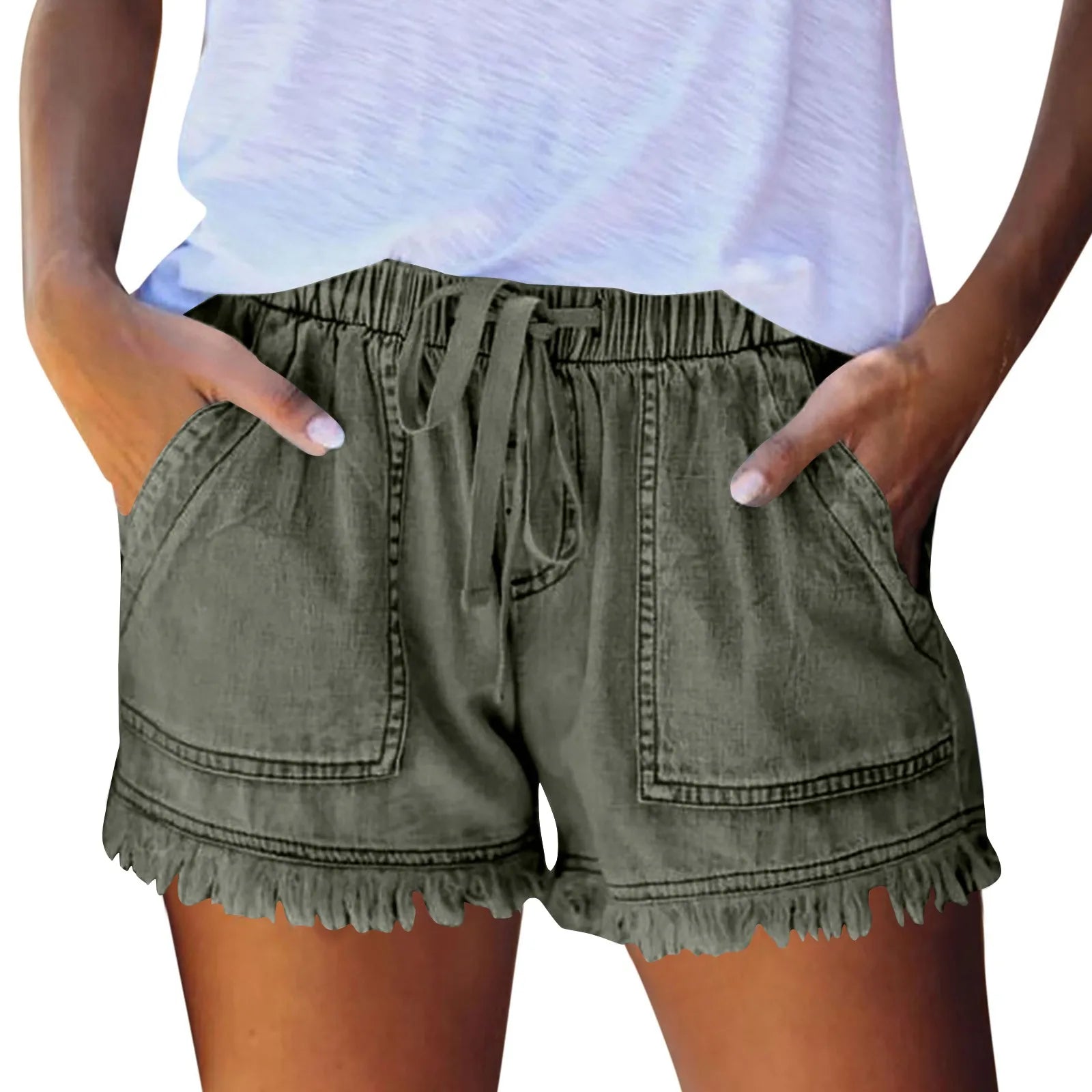 Ladies' Washed Solid Color Slimming Tassel Edge Denim Shorts Fashion Sexy Elastic Waist Leisure Pockets Summer Short Trousers