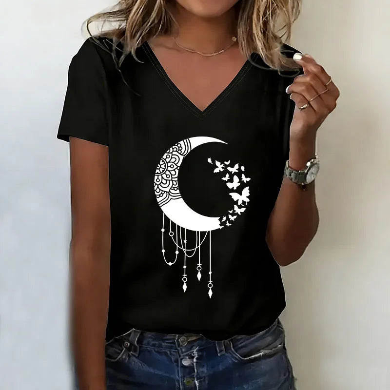 Buuterfly with Star Vintage Printed T-shirt V Neck Casual Fashion T Shirts Women Short Sleeve Tee Shirt V-Neck Summer Spring