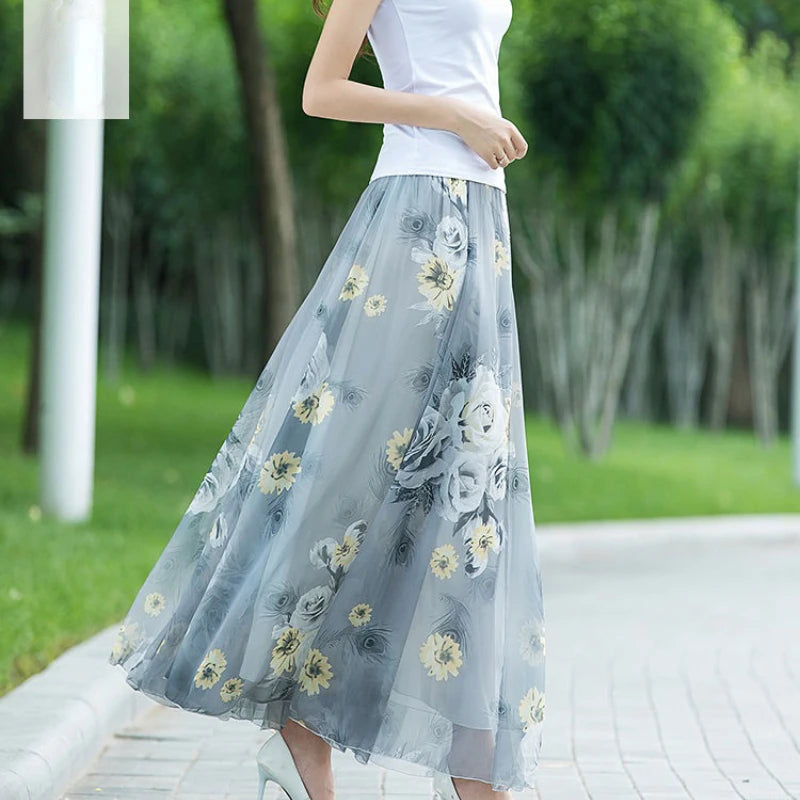 Chiffon Skirts Ink Painting Print Spring Summer Floral Long Skirt Elegant Chic A-Line Full Length Skirt Ankle Beach Skirts Zmzb