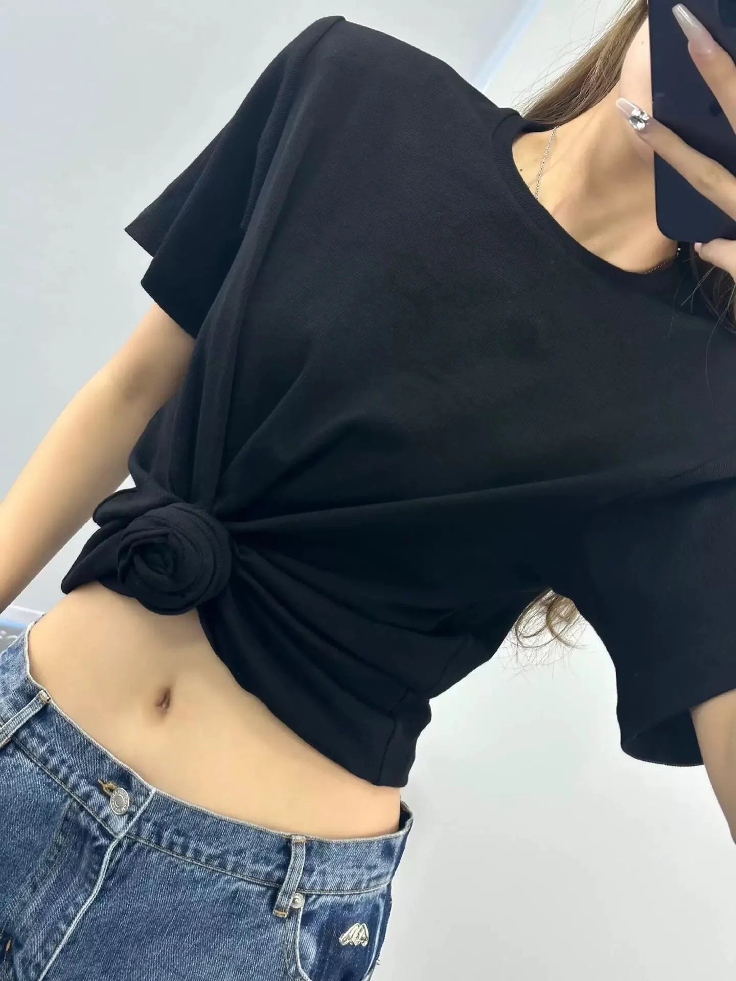 Y2K knotted twist knitted threaded round neck Top women fashionable and versatile navel padded shoulder short-sleeved T-shirt