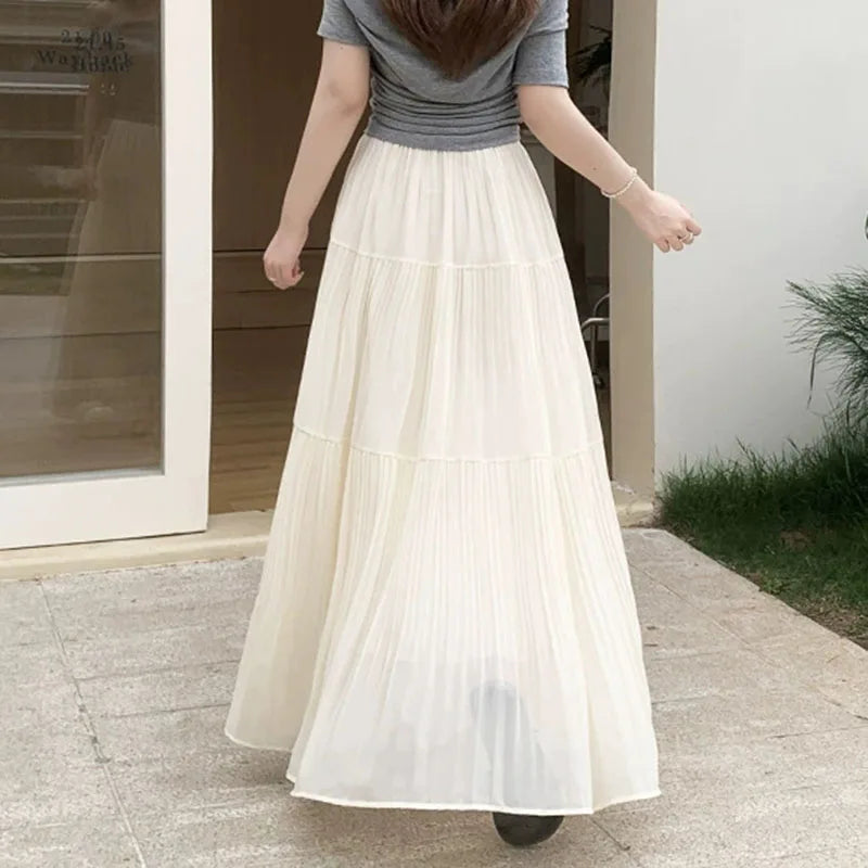 Summer New Purple Chiffon Skirts Women 2026 Streetwear High Waist Slimming Long Skirts Fairy Sheer Spliced A-line Pleated Skirt
