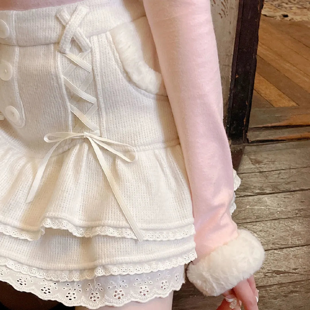 Japanese lolita kawaii clothes pink mini skirt with shorts Lace High Waist korean style women 2026 new fall White skirt fluffy
