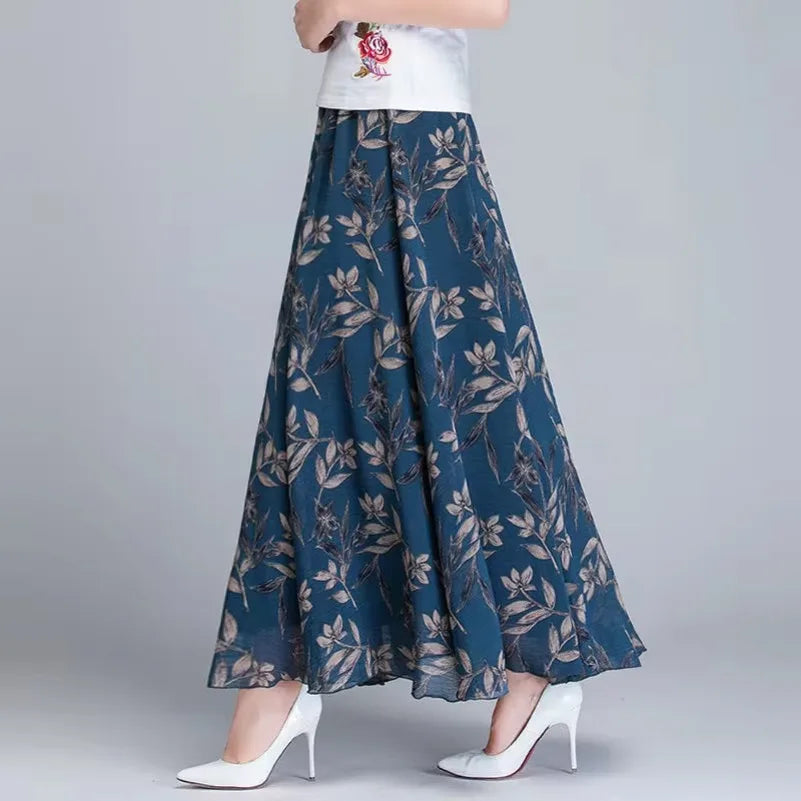 Womens Summer Autumn High Waist Skirts Elastic Waist Midi Full Long Skirt Print A-Line Mother Dance Swing Chiffon Skirt DURIKIES