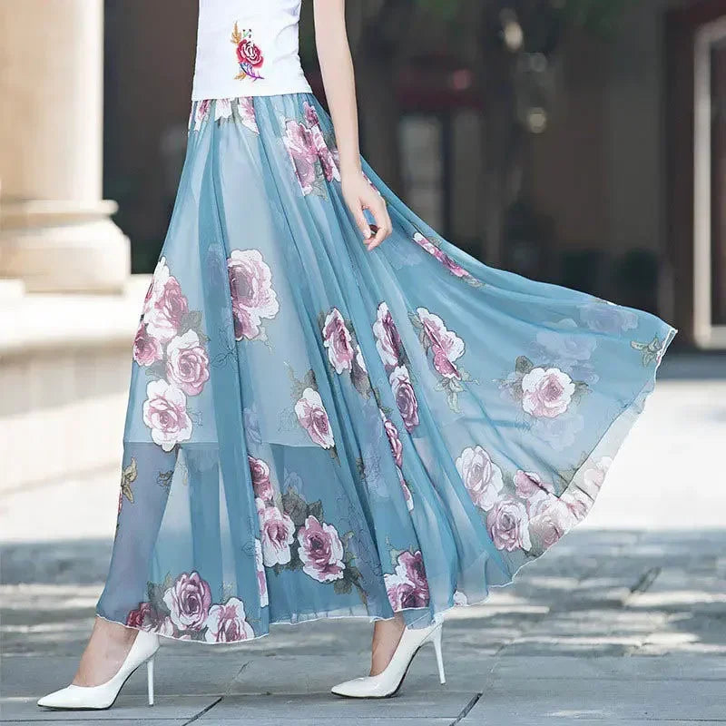 Chiffon Skirts Ink Painting Print Spring Summer Floral Long Skirt Elegant Chic A-Line Full Length Skirt Ankle Beach Skirts Zmzb