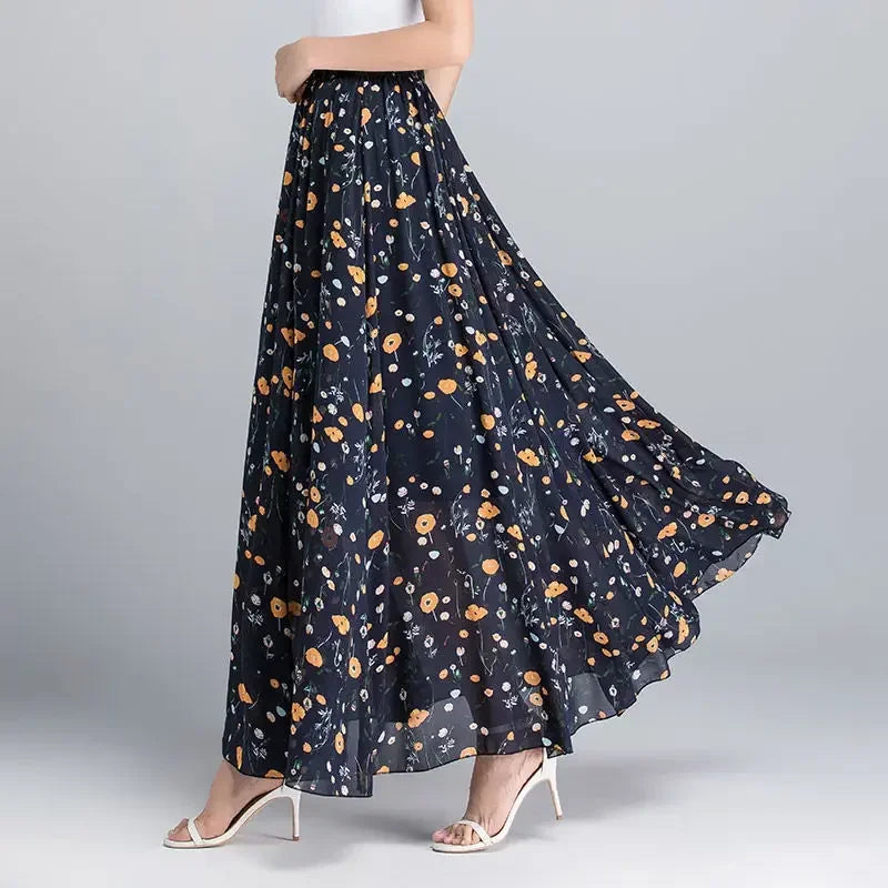 Chiffon Skirts Ink Painting Print Spring Summer Floral Long Skirt Elegant Chic A-Line Full Length Skirt Ankle Beach Skirts Zmzb