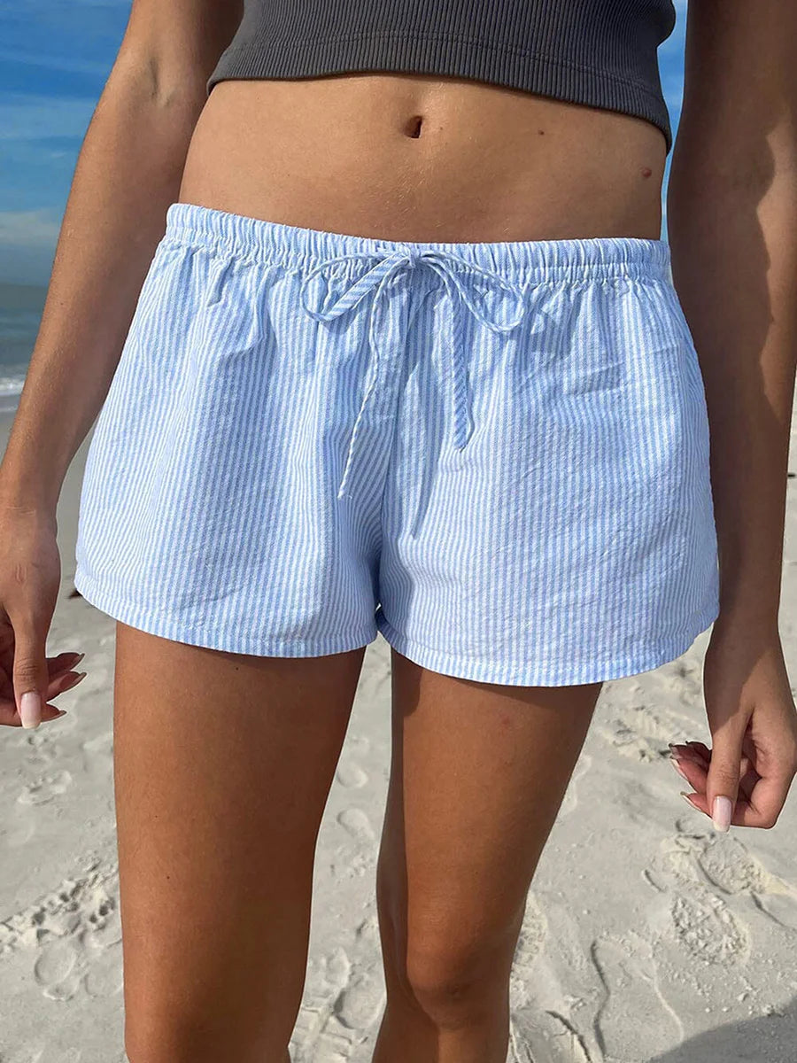 Casual Striped Shorts Women y2k Clothing Drawstring Elastic Waist Loose Fit Wide Leg Bottoms 2000s Aesthetic Streetwear