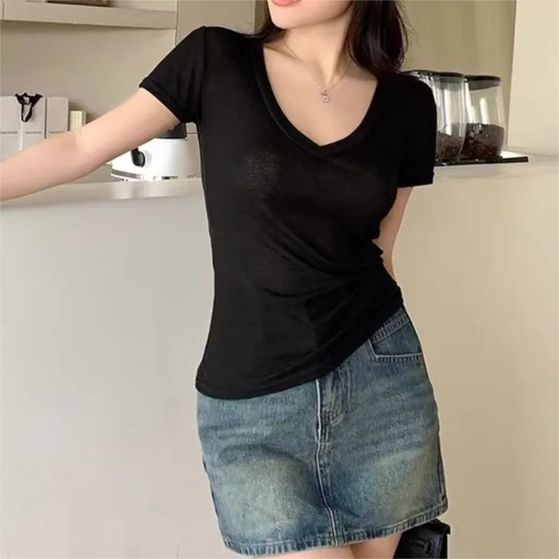 Women Short Sleeves T Shirt See Through Summer Solid Slim Casual Shirts Female Pullovers Basic Tee Y2k Clothes Streetwear Top
