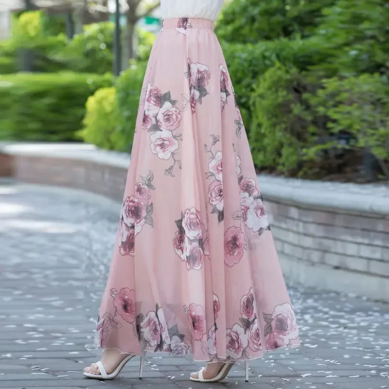 Chiffon Skirts Ink Painting Print Spring Summer Floral Long Skirt Elegant Chic A-Line Full Length Skirt Ankle Beach Skirts Zmzb