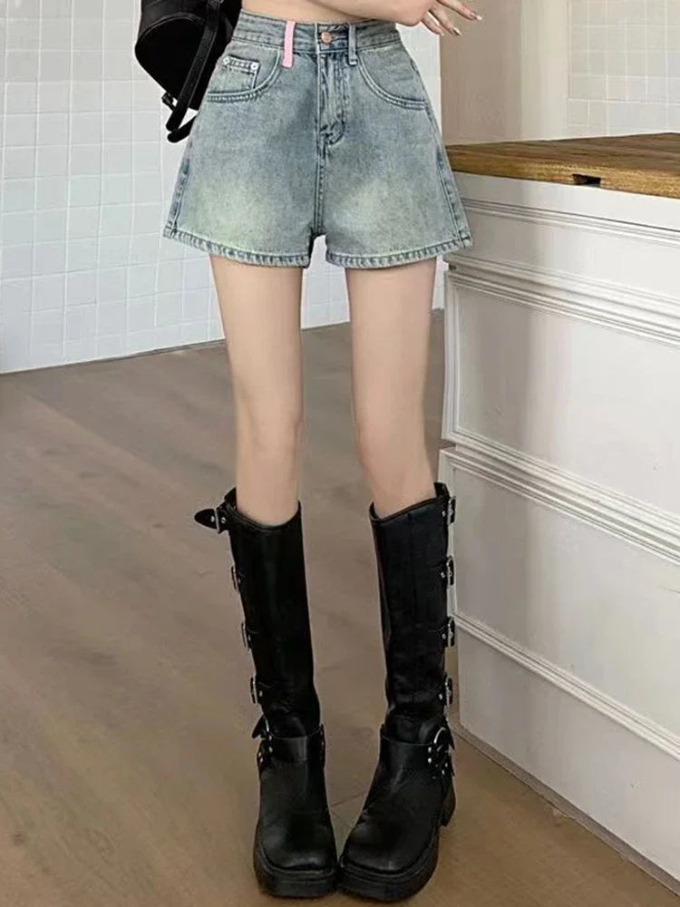 Girls Korean High Waist Denim Wide Leg Shorts Women High Street Y2k Short Pants Female Fashion Blue Hot Slacks Jeans Plus Size