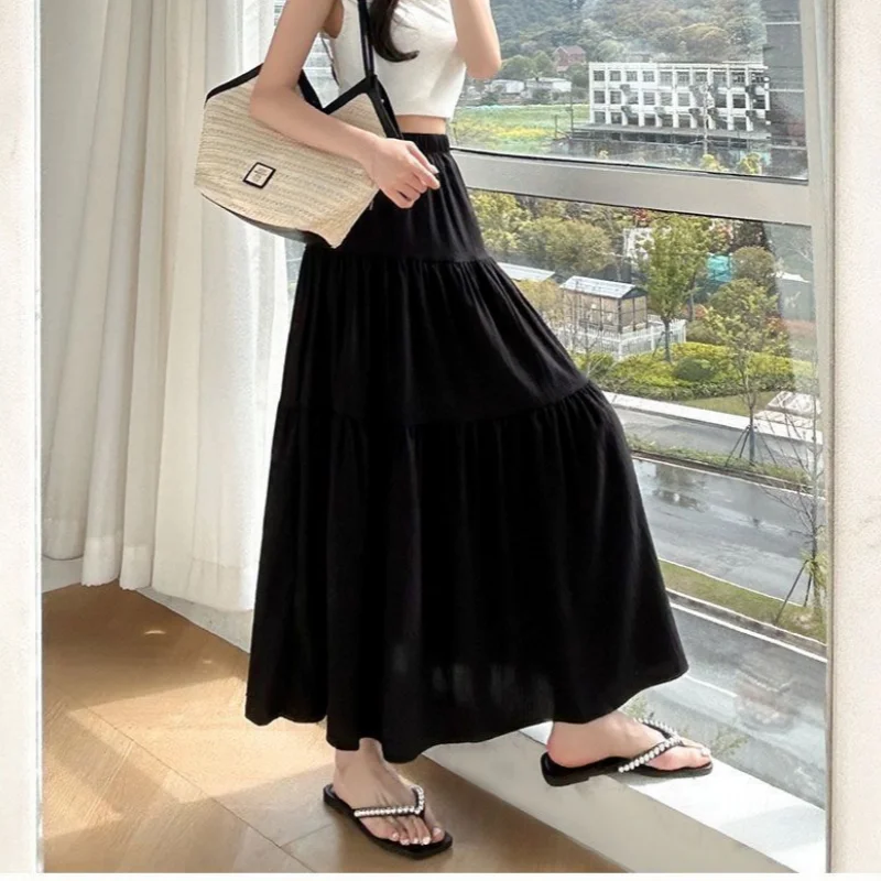 Elegant Solid A-LIne Cake Long Skirts Fashion Women Vintage High Waist Elastic Spring Dresses Office Lady Commute Chic Skirt