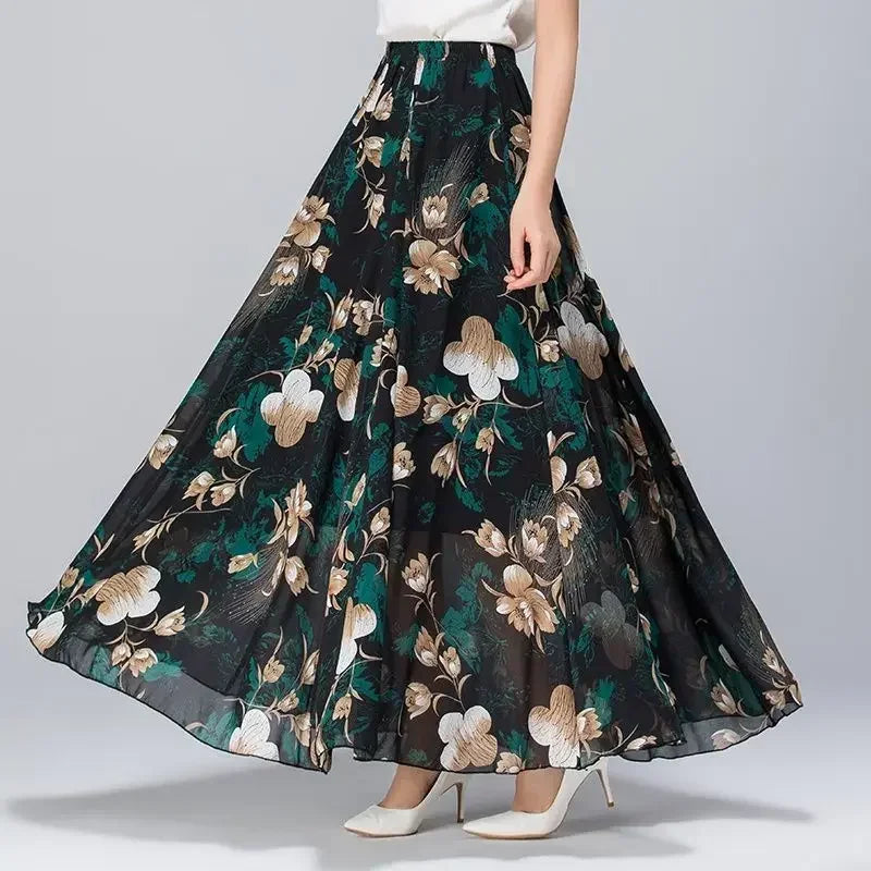 Chiffon Skirts Ink Painting Print Spring Summer Floral Long Skirt Elegant Chic A-Line Full Length Skirt Ankle Beach Skirts Zmzb