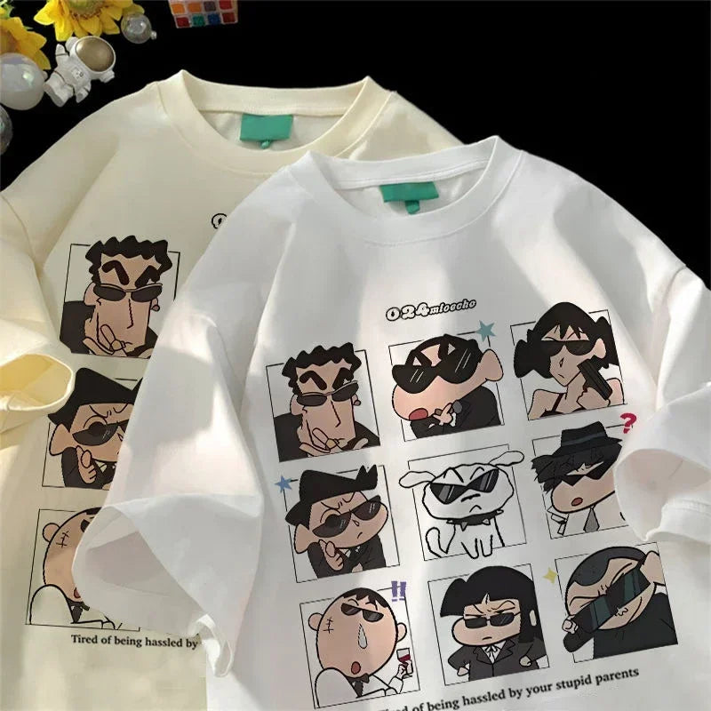 2025 Summer Women's Clothes Streetwear Crayon Shin Chan  Print Cartoon T Shirt Tops Men's Women's Clothes 100%Cotton T Shirts