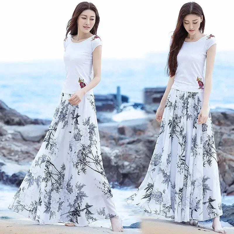Chiffon Skirts Ink Painting Print Spring Summer Floral Long Skirt Elegant Chic A-Line Full Length Skirt Ankle Beach Skirts Zmzb