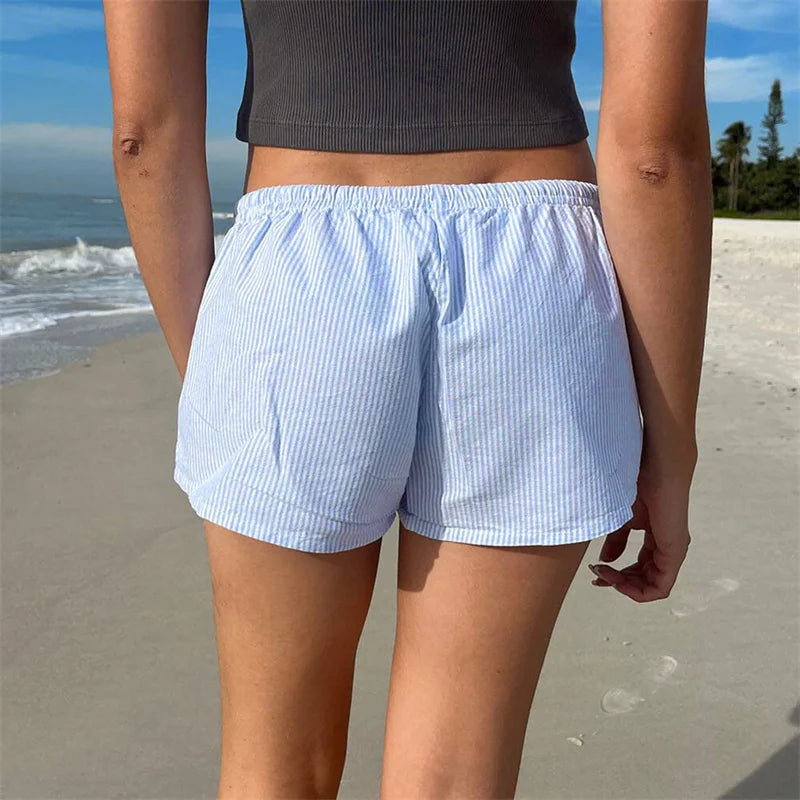 Casual Striped Shorts Women y2k Clothing Drawstring Elastic Waist Loose Fit Wide Leg Bottoms 2000s Aesthetic Streetwear