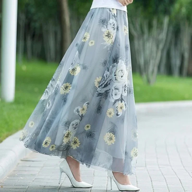 Womens Summer Autumn High Waist Skirts Elastic Waist Midi Full Long Skirt Print A-Line Mother Dance Swing Chiffon Skirt DURIKIES