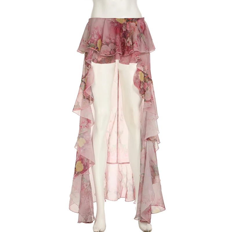 SUCHCUTE Y2K Vacation Floral Printed Long Skirts Holiday Beach Sexy Low Waist Aesthetics Lace Skirt Women Grunge Party Outfits