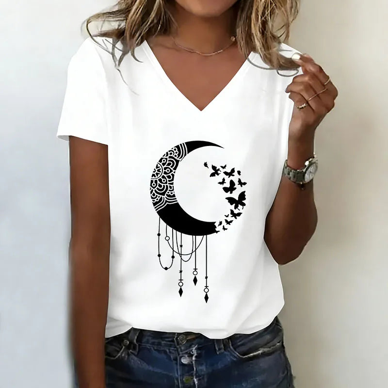 Buuterfly with Star Vintage Printed T-shirt V Neck Casual Fashion T Shirts Women Short Sleeve Tee Shirt V-Neck Summer Spring
