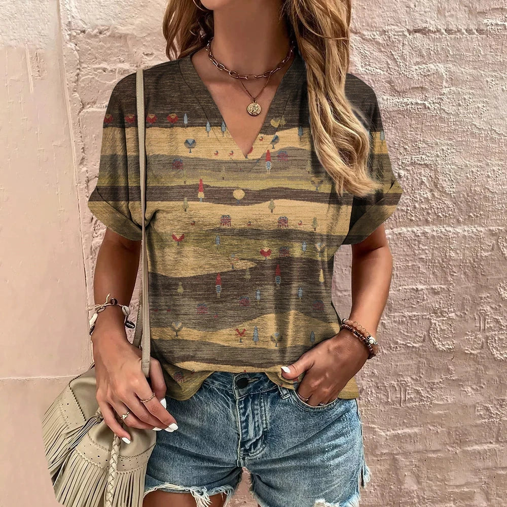 3D Vintage Graphic Women's V-Neck T-Shirt Summer Outdoor Street Daily Harajuku Style Y2K Short Sleeve Tees Fashion Loose Clothes