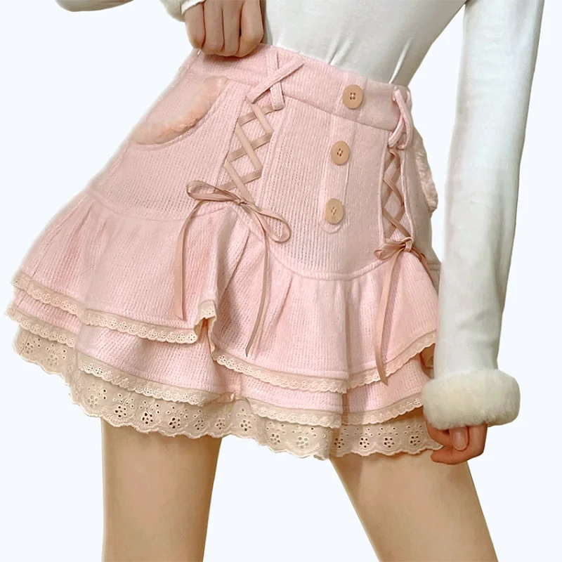 Japanese lolita kawaii clothes pink mini skirt with shorts Lace High Waist korean style women 2026 new fall White skirt fluffy