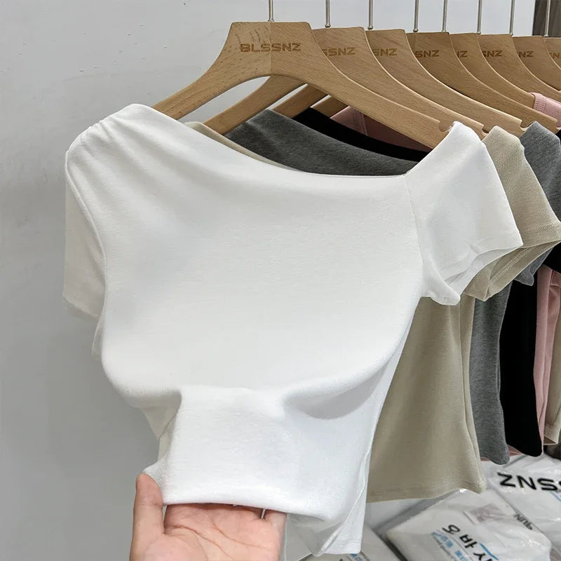 Womens Long Sleeve Off Shoulder T Shirts 2026 Tight Knit Sexy Slim Fitted Casual Women's Basic Tops Cropped T-Shirt New