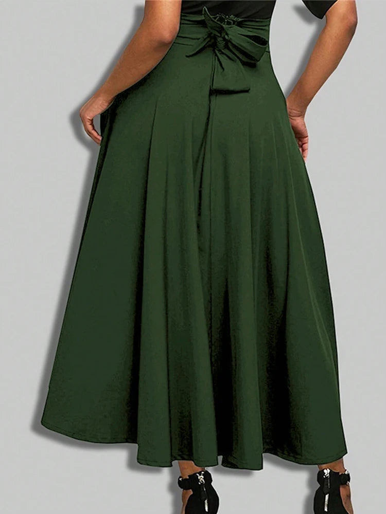 New In Dresses Solid Color A-line Skirts for Woman Clothing High Elastic Waist Long Skirt Women With Bow Elegant Women's Skirts