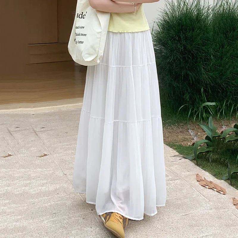 Summer New Purple Chiffon Skirts Women 2026 Streetwear High Waist Slimming Long Skirts Fairy Sheer Spliced A-line Pleated Skirt