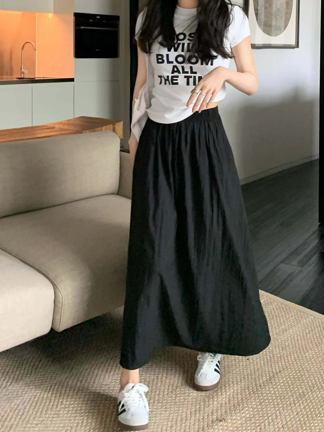 Long Skirts Women Folds Design Summer Elegant Simple All-match High Waist Solid Office Lady Clothes Vintage Korean Style Faldas