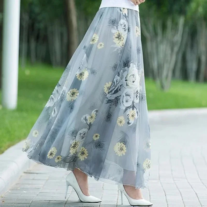 Chiffon Skirts Ink Painting Print Spring Summer Floral Long Skirt Elegant Chic A-Line Full Length Skirt Ankle Beach Skirts Zmzb