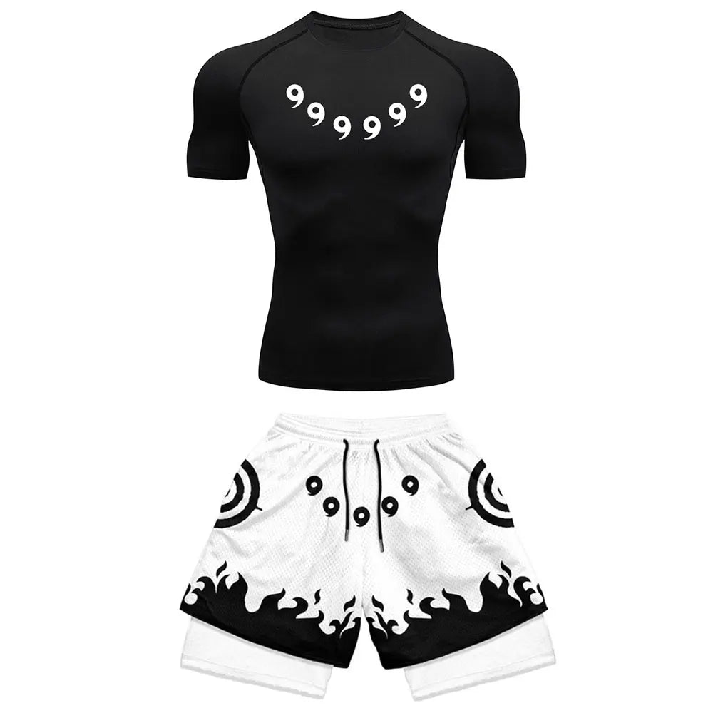 Anime Compression Set Running Sport Fitness Suit for Men Quick Dry Compression Shirt+Gym Shorts 2PCS Workout Summer Sportwear