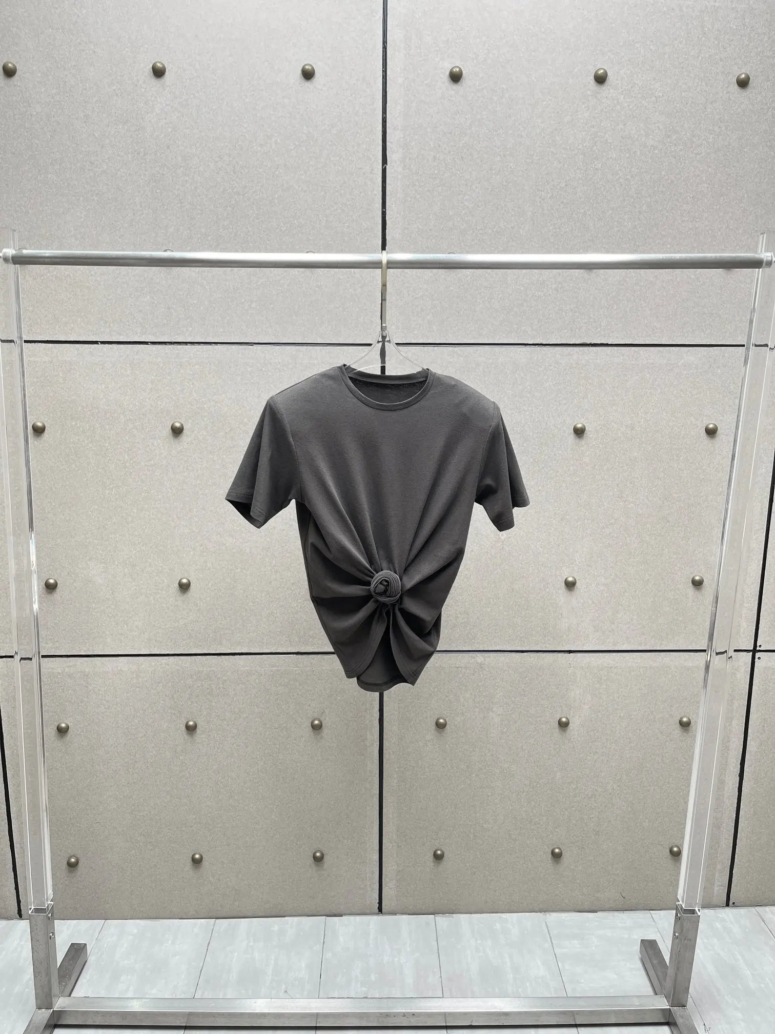 Y2K knotted twist knitted threaded round neck Top women fashionable and versatile navel padded shoulder short-sleeved T-shirt