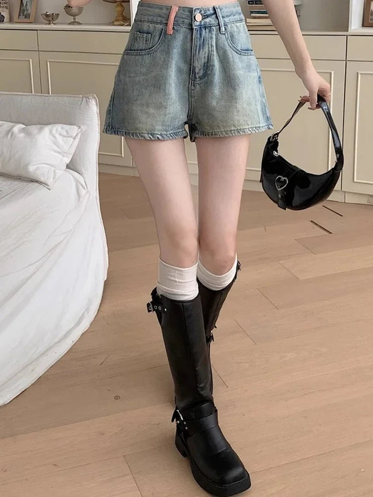 Girls Korean High Waist Denim Wide Leg Shorts Women High Street Y2k Short Pants Female Fashion Blue Hot Slacks Jeans Plus Size