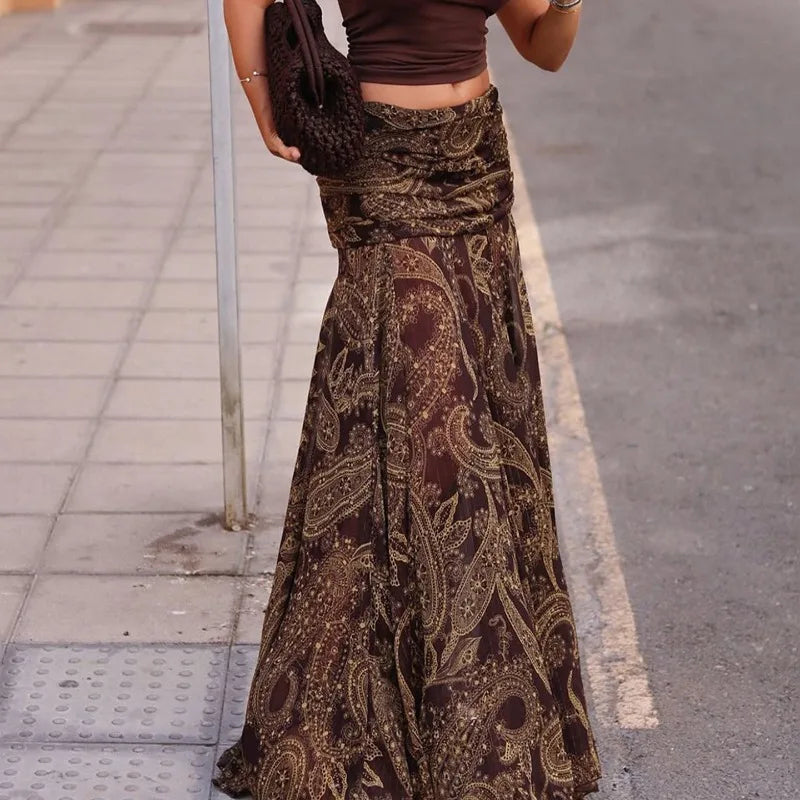 Irregular Printed Big Swing Long Skirts for Women High Waist Buttock Cover A-Line Maxi Skirt Female Vintage Bottom Clothes