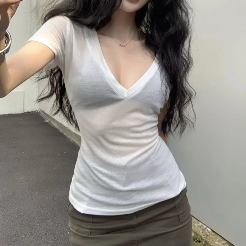 Women Short Sleeves T Shirt See Through Summer Solid Slim Casua...