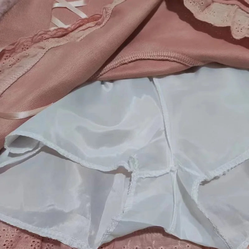 Japanese lolita kawaii clothes pink mini skirt with shorts Lace High Waist korean style women 2026 new fall White skirt fluffy