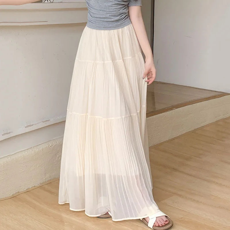 Summer New Purple Chiffon Skirts Women 2026 Streetwear High Waist Slimming Long Skirts Fairy Sheer Spliced A-line Pleated Skirt