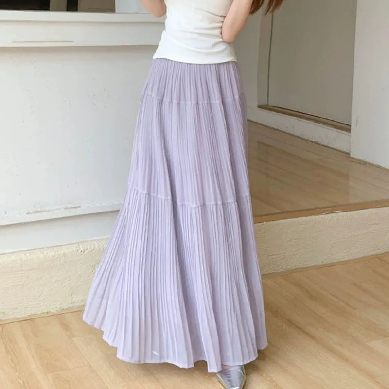 Summer New Purple Chiffon Skirts Women 2026 Streetwear High Waist Slimming Long Skirts Fairy Sheer Spliced A-line Pleated Skirt
