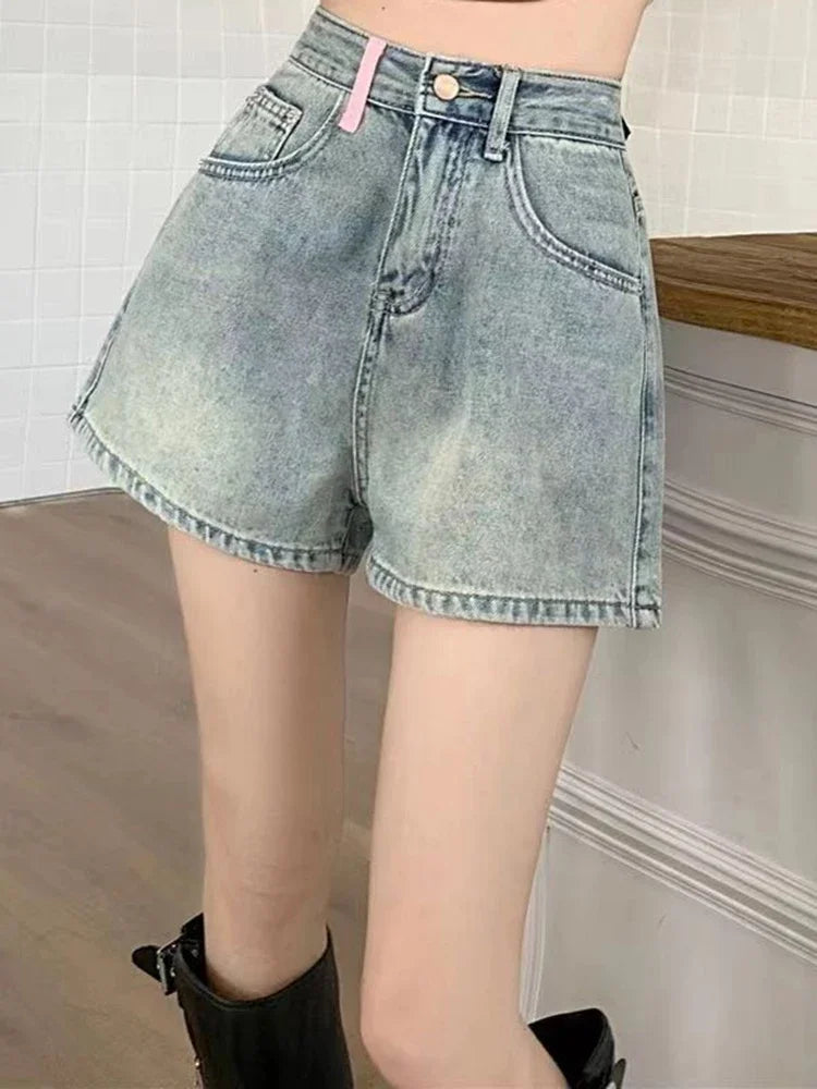 Girls Korean High Waist Denim Wide Leg Shorts Women High Street Y2k Short Pants Female Fashion Blue Hot Slacks Jeans Plus Size